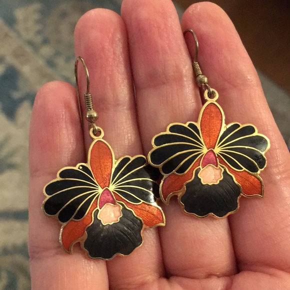 Vintage Jewelry - Cloisonné gold plated orchid earrings
